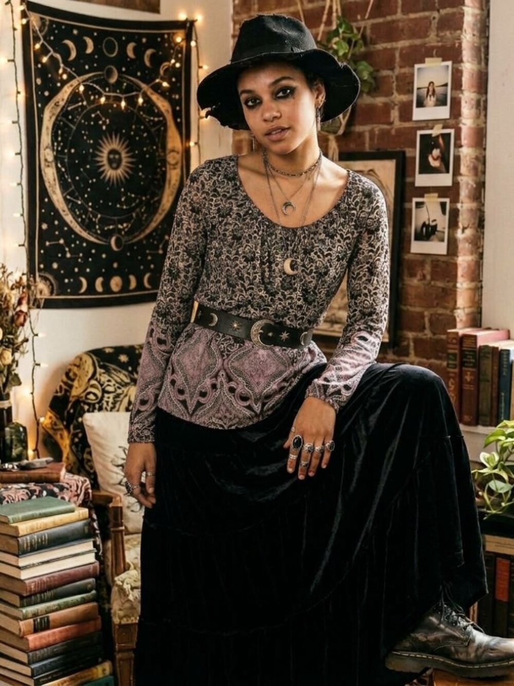 Whimsigoth Paisley Sheer Scoop Neck Long Sleeve Purple Top Size M 90s Y2k Phoebe